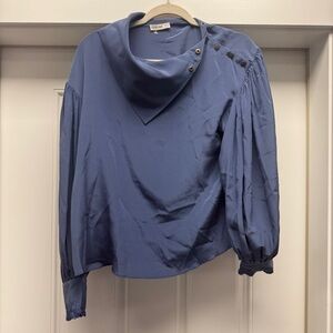 Ulla Johnson Blue Silk Button Shoulder Lace Cuff Blouse Top